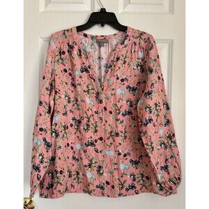 Style & Co Women's Tops Pink Floral Pullon Long Sleeve 100% Cotton V-Neck Gauze